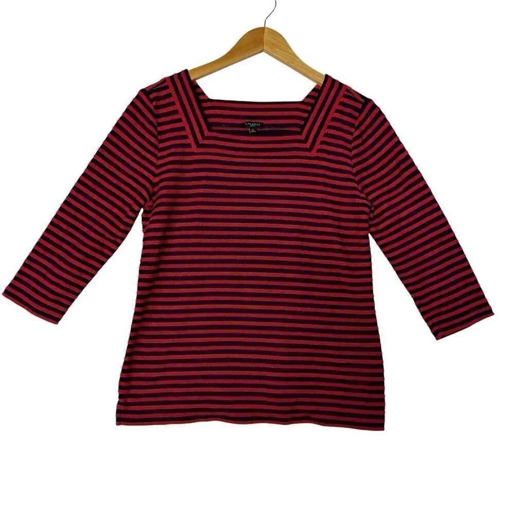 Talbots Women’s Square Neck Sz M Petite Top Navy Blue Red Nautical - Picture 1 of 5